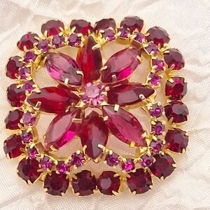 Vtg Flower Square Brooch Pink Navettes Red Purple Rhinestones Pin Stop Domed